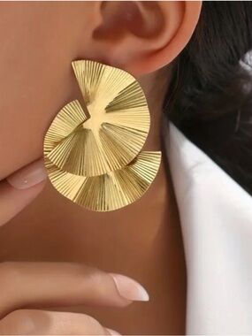Gold Spiral Textured Statement Earrings - Women Jewelry